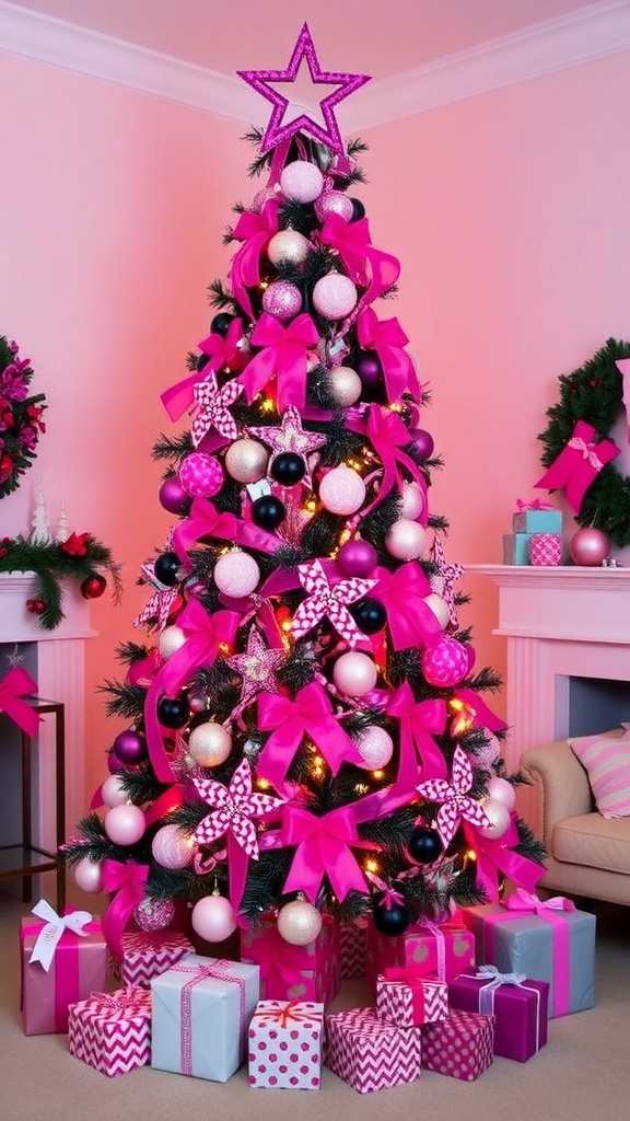 A pink zebra Christmas tree adorned with pink and black decorations, lights, and a star topper in a festive setting.